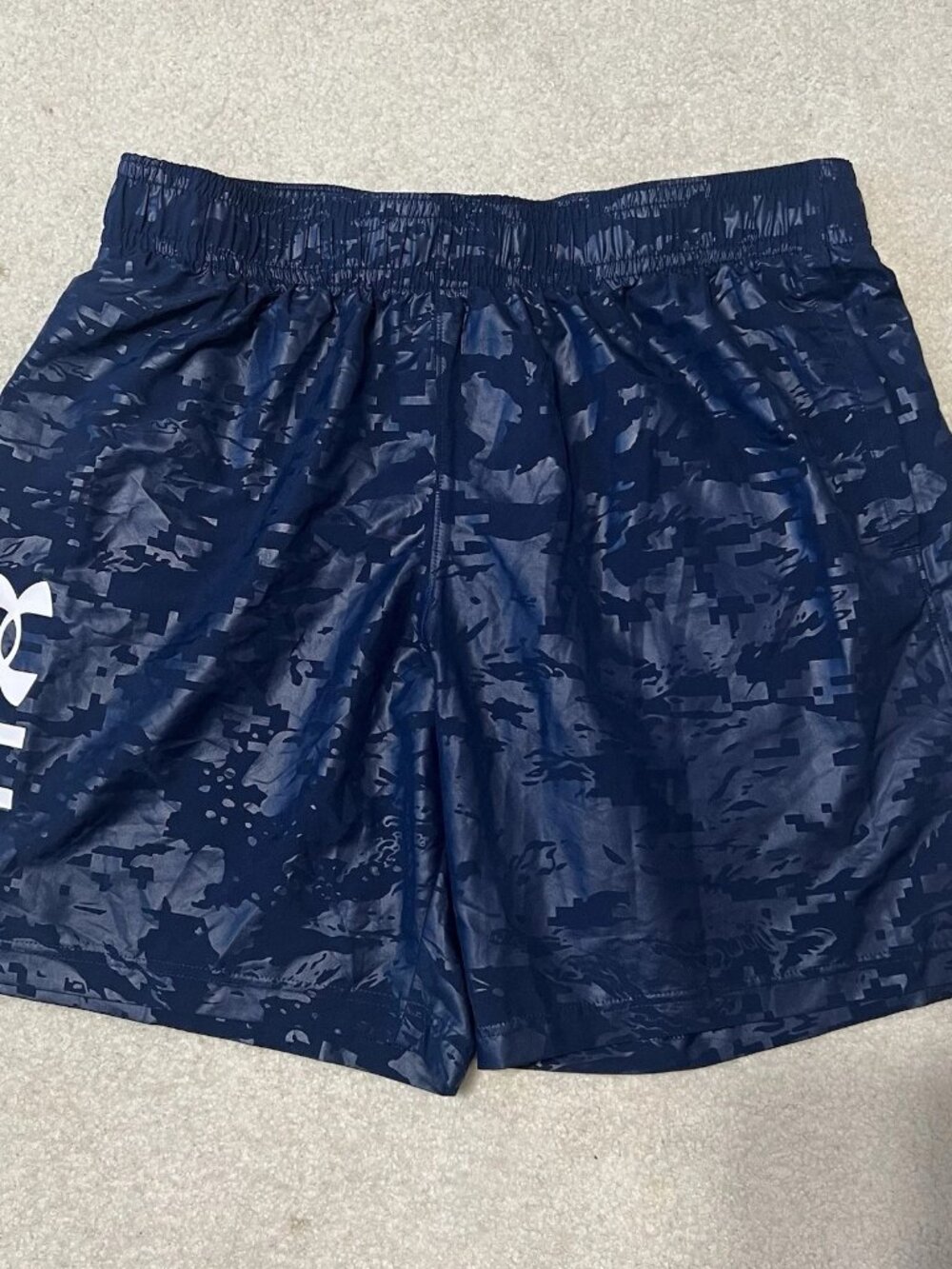 Under Armour XL Shorts Blue Camo Mens Loose Fit Athletic Gym Logo 8 Inseam